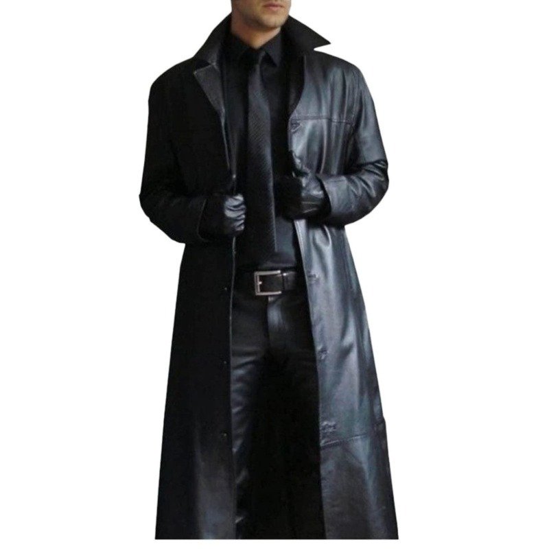 Men Black Leather Long Knit Cardigan Coat