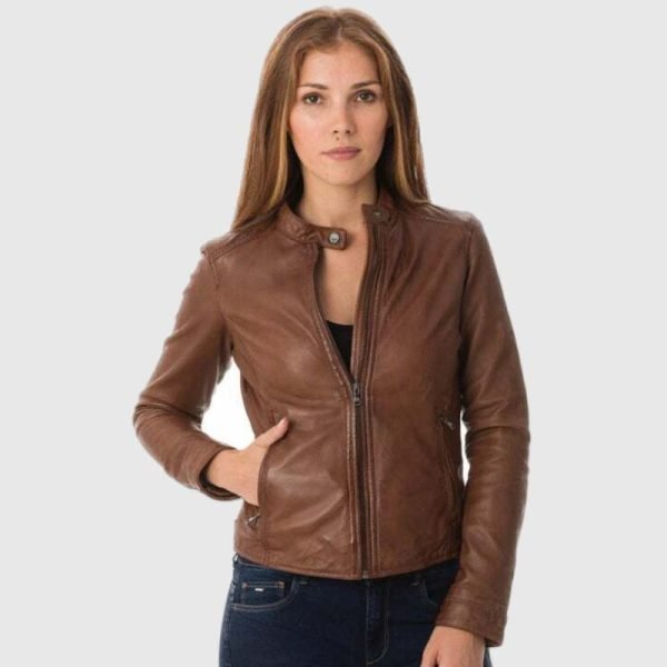 Soft Lambskin Brown Motorcycle Leather Jacket Womens