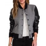 Women Black Leather Sleeves Gray Varsity Jacket