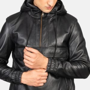 Mens-Black-Leather-Pullover-Hooded-Jacket