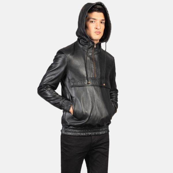 Mens-Kenton-Hooded-Black-Leather-Pullover-Jacket